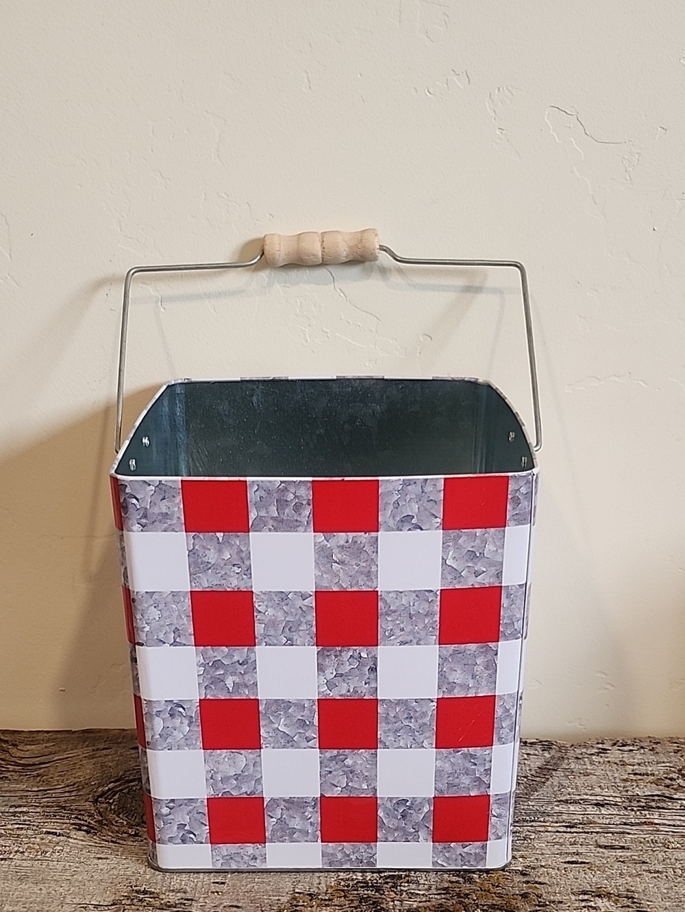 Red Checkered Metal Storage Bucket with Wooden Handle